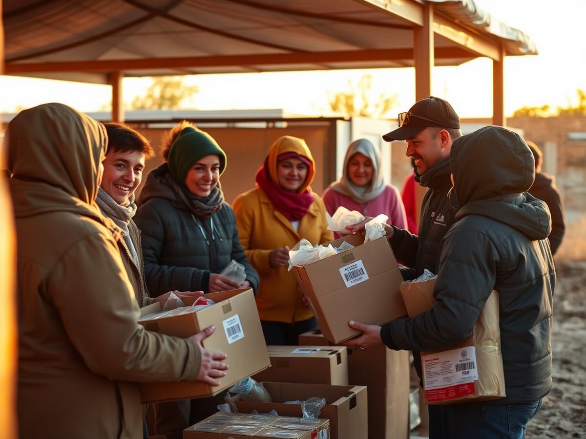Volunteers distributing aid boxes to families