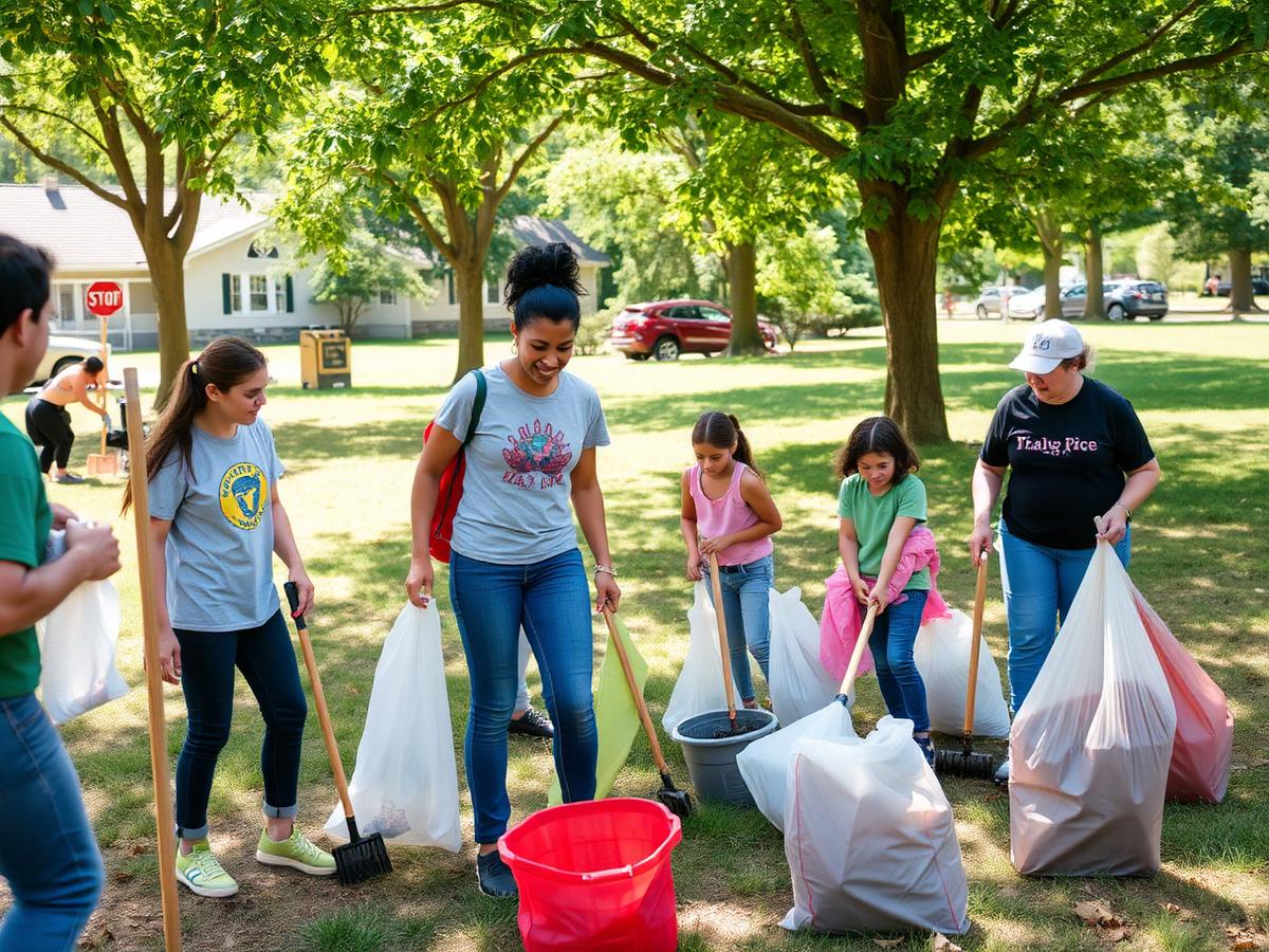Neighborhood clean-up volunteers in a park
