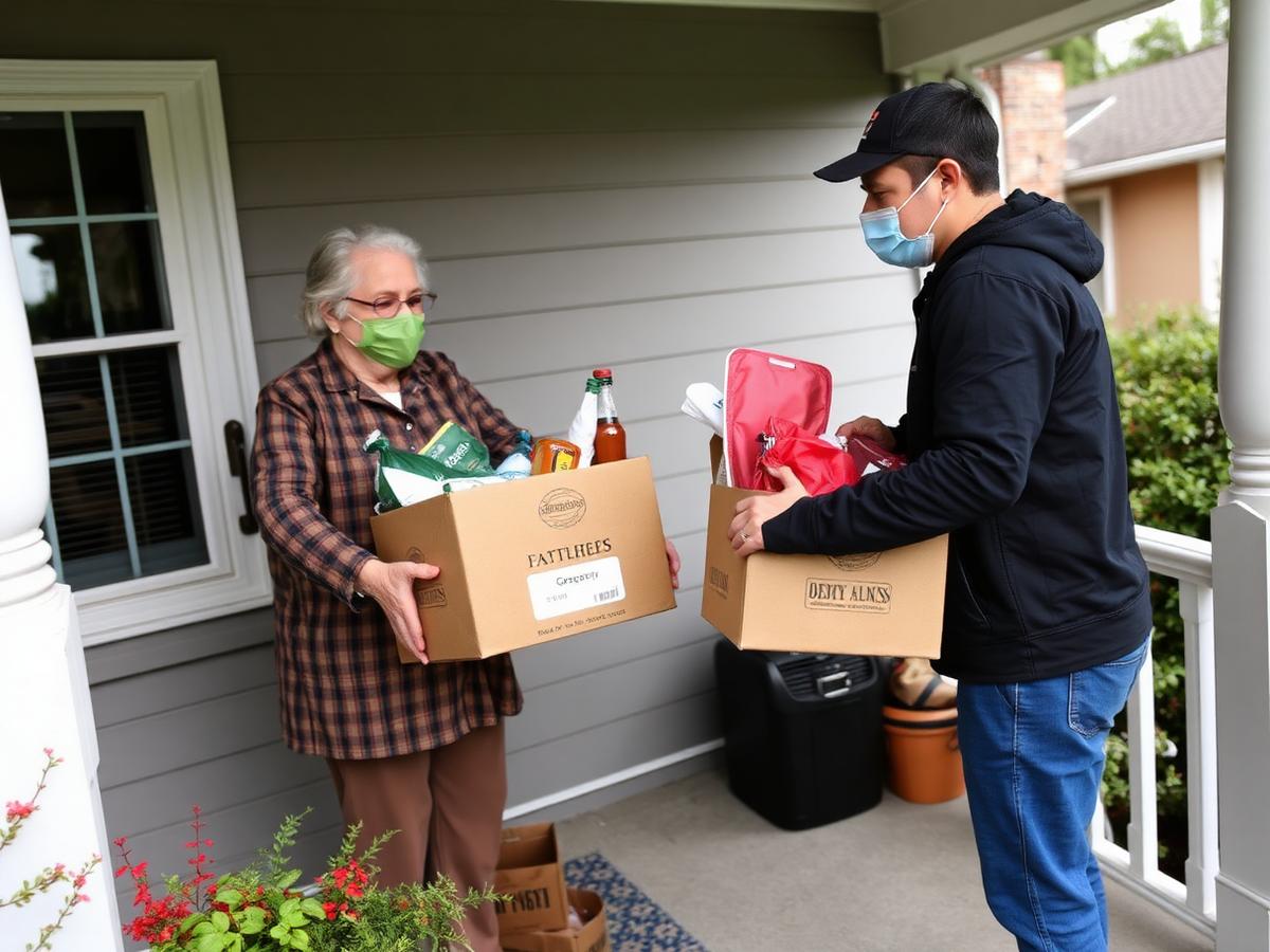 Groceries delivered to doorsteps for neighbors staying home.
