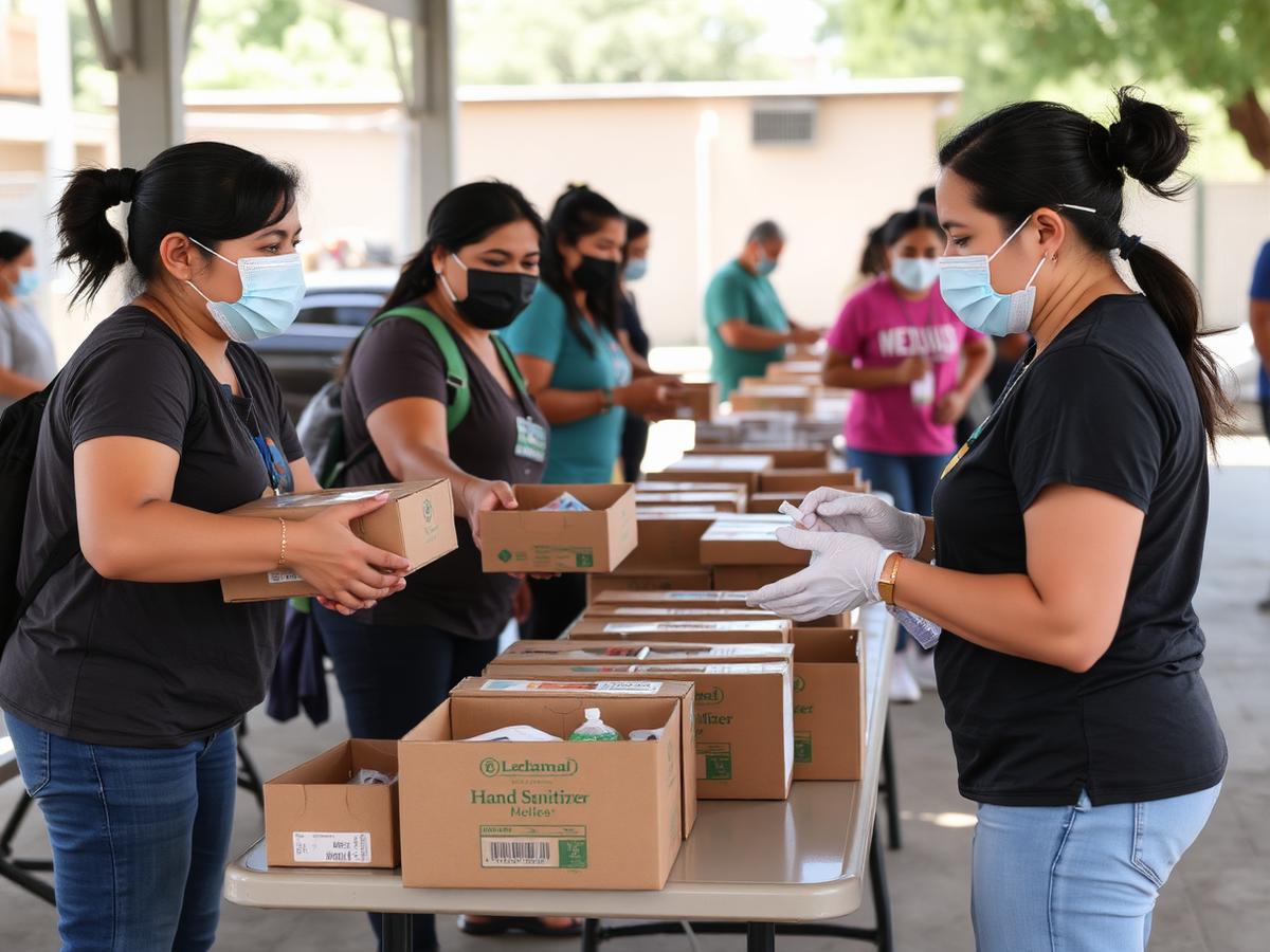 COVID-19 relief: food, sanitizer, and supplies handed out safely.