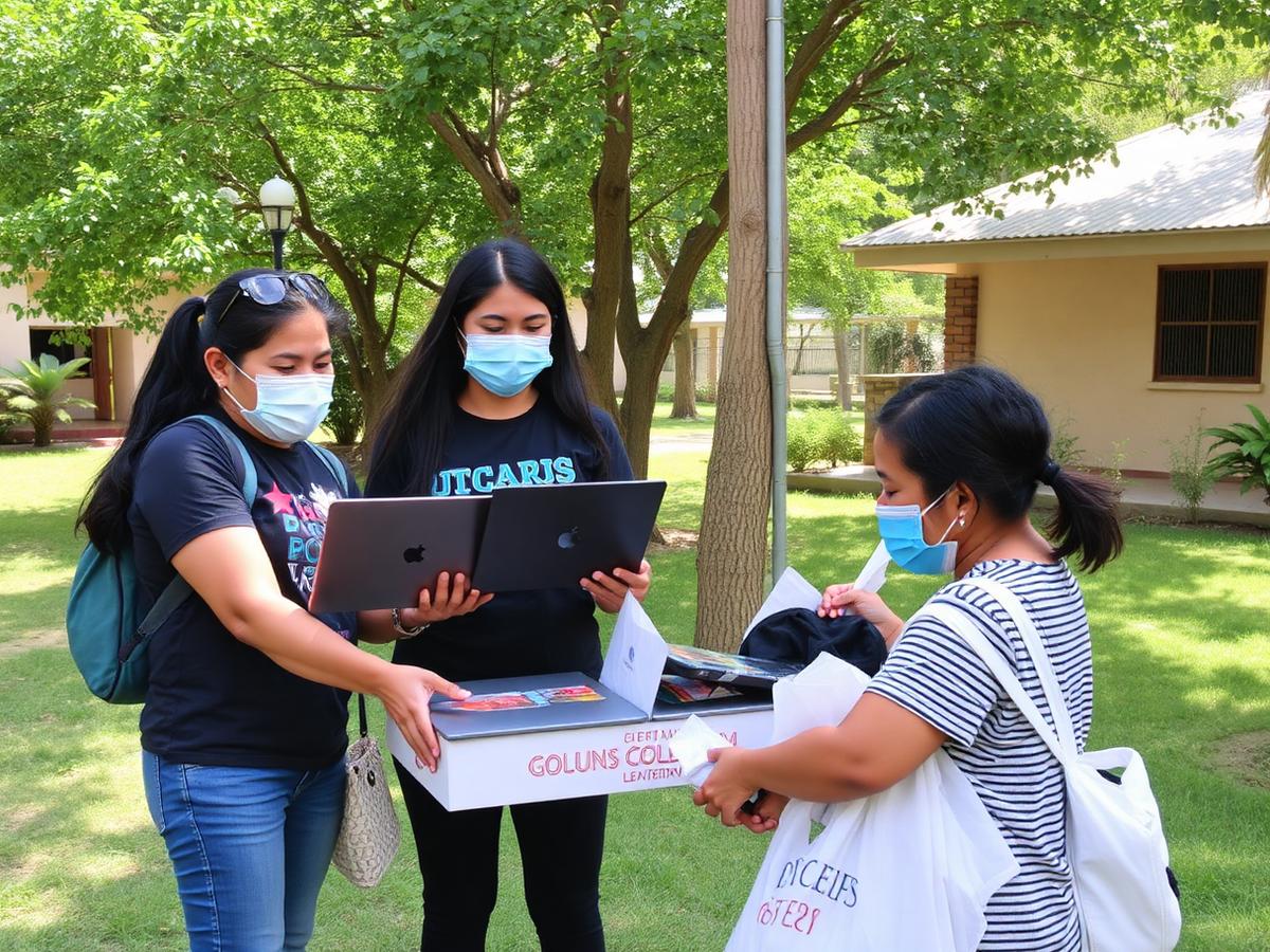 Volunteers handing laptops and school supplies to families