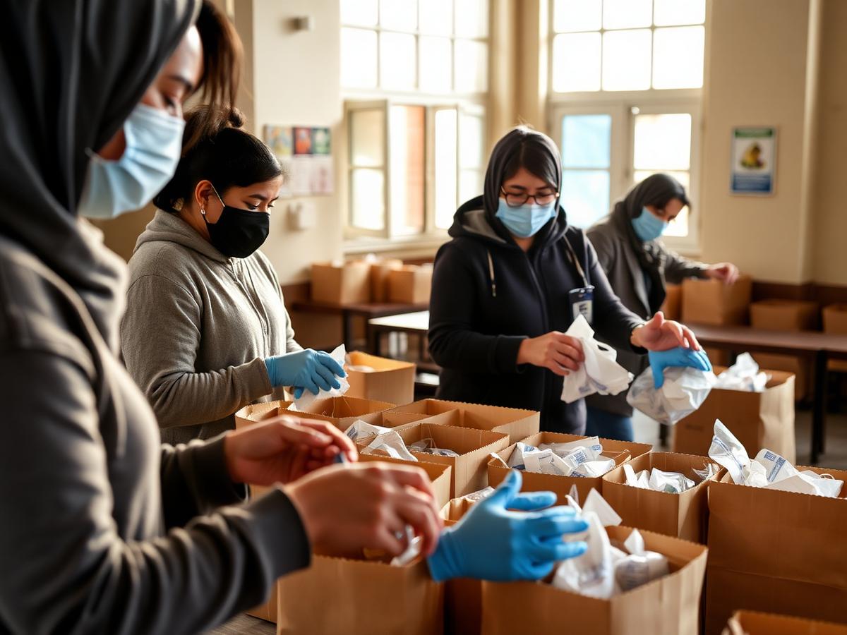 Volunteers packing PPE kits with masks and gloves