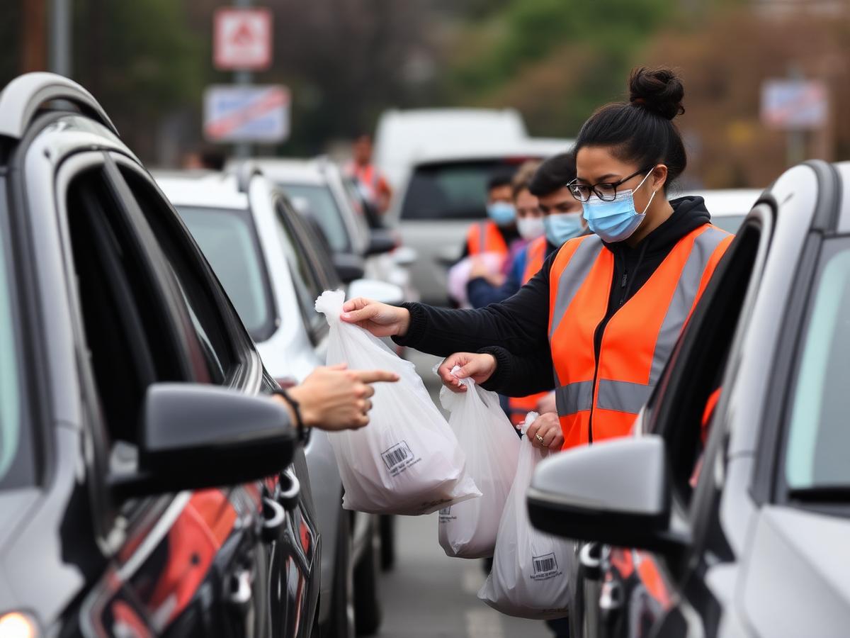 Volunteers handing supply bags through car windows in a drive-through line
