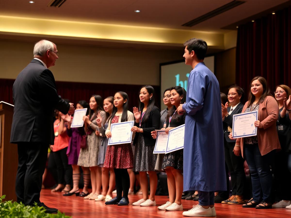 Students receiving scholarship certificates on stage