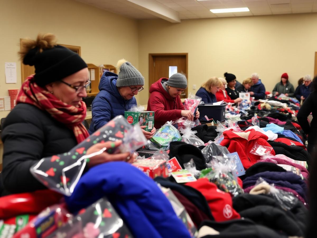 Volunteers sorting donated coats and wrapped gifts