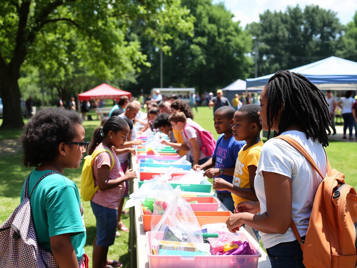 Families collecting free supplies at a community fair