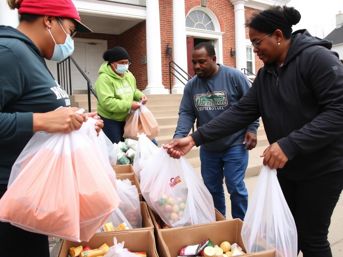 Volunteers handing grocery bags to residents outside a church