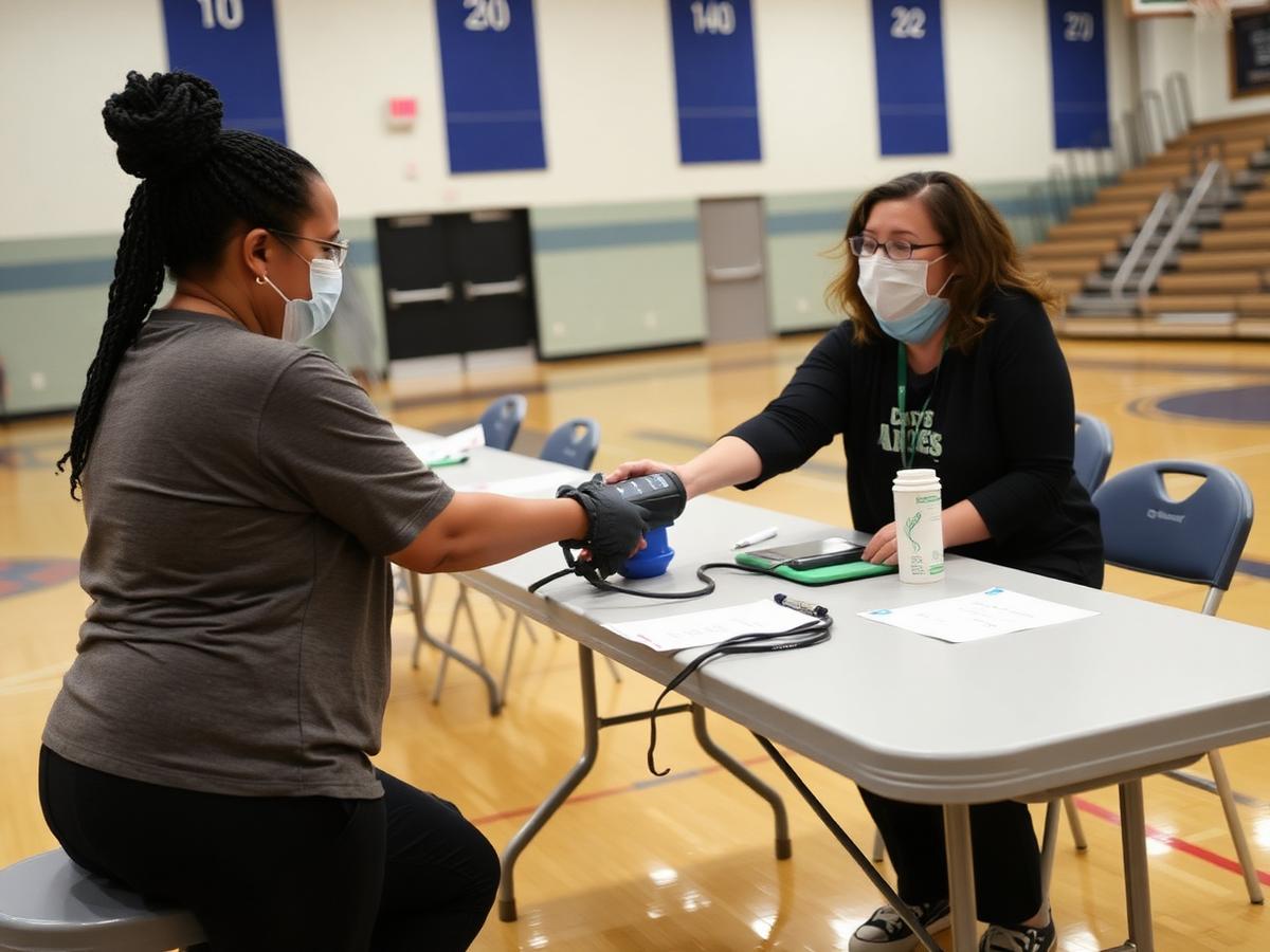A nurse taking a resident's blood pressure at a free screening