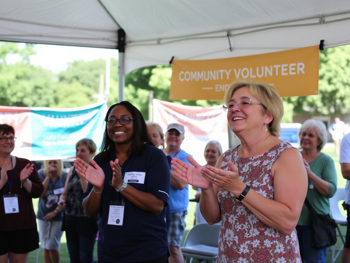 Volunteers applauding at an appreciation event under a tent