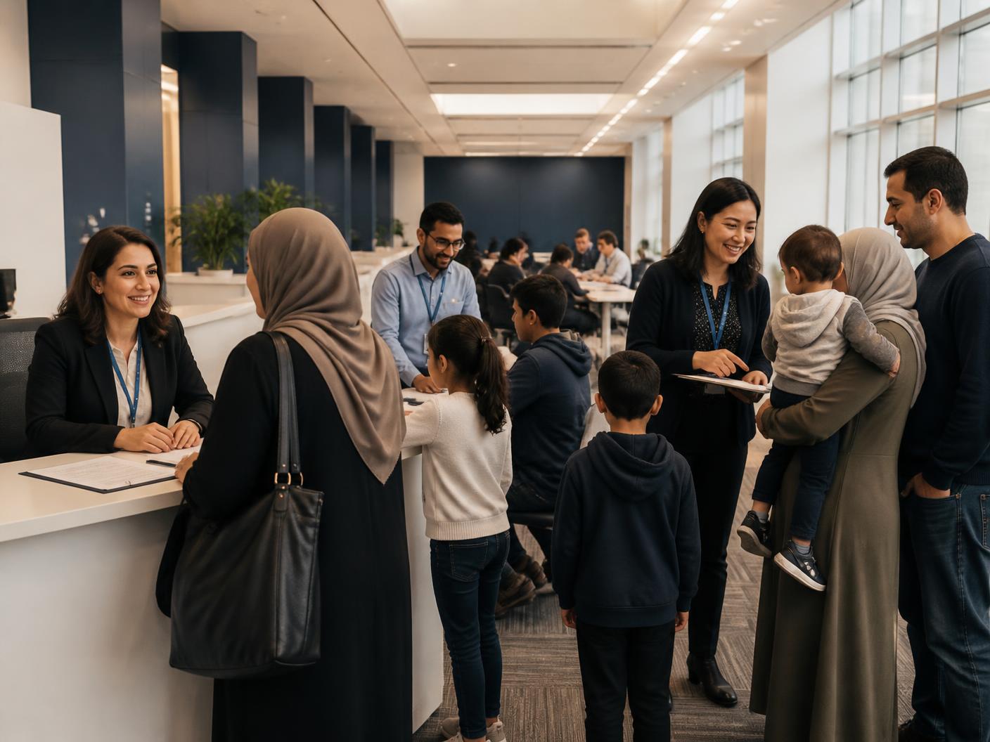 A modern nonprofit intake hub where staff welcome women, youth, and families at desks in a bright executive office hall
