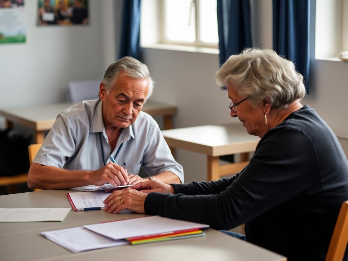 A caseworker helping an older couple complete assistance forms