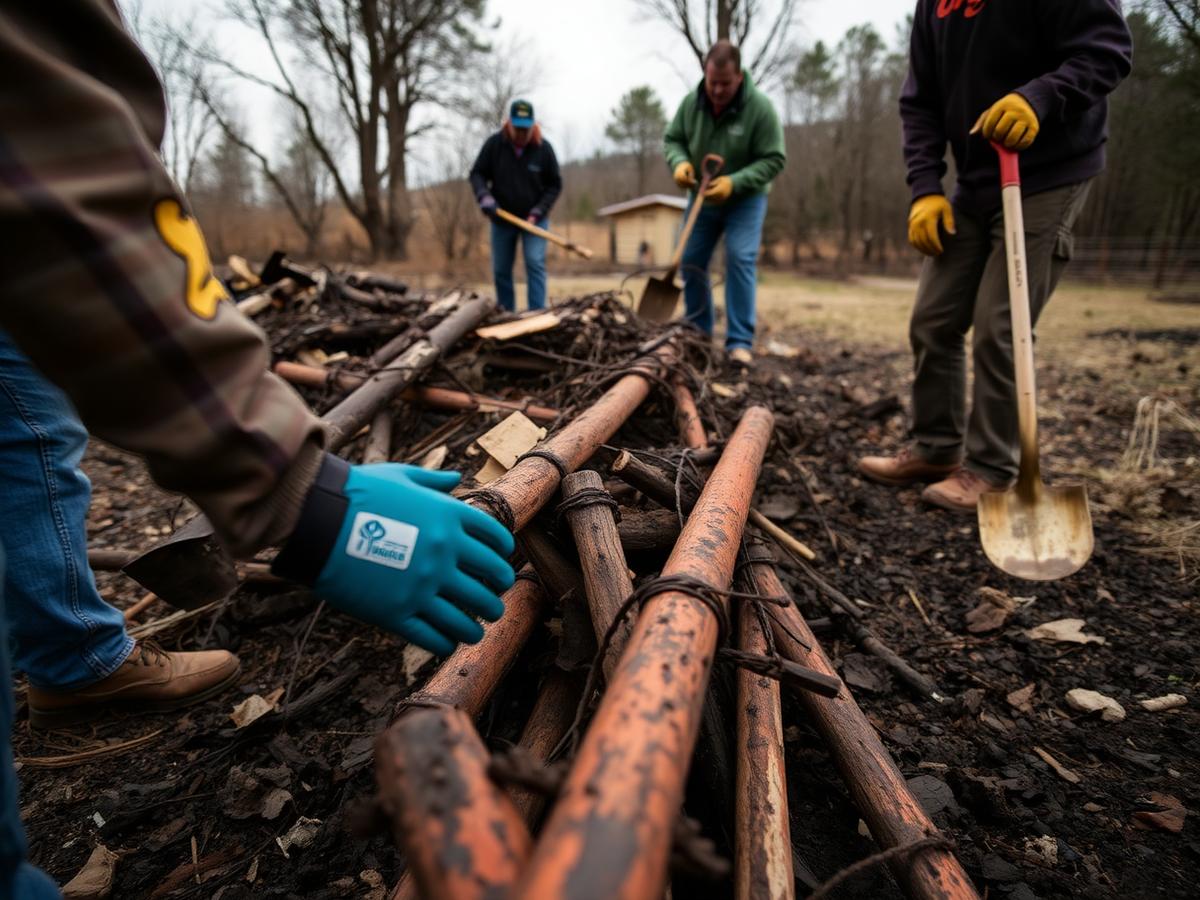 Volunteers clearing burned debris from a rural property