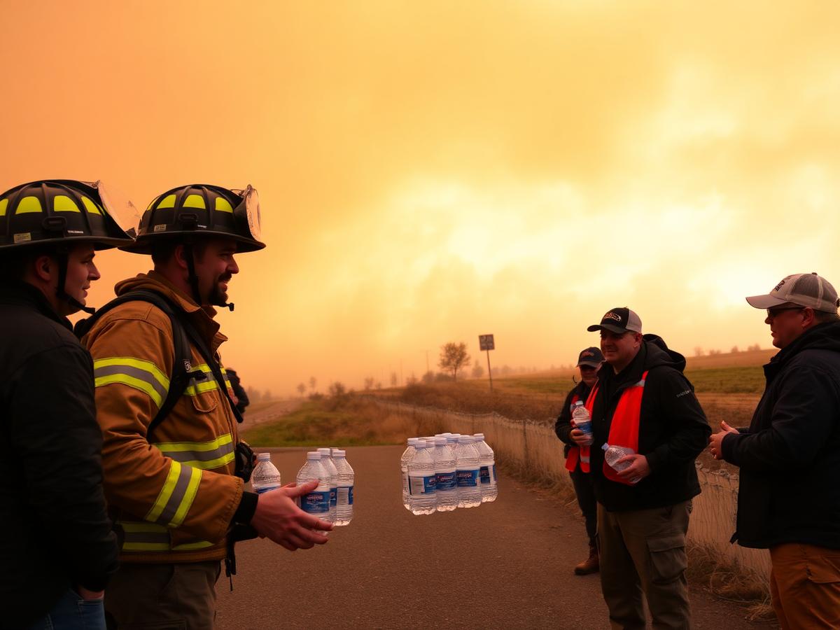 Firefighters and volunteers with water bottles under smoky skies