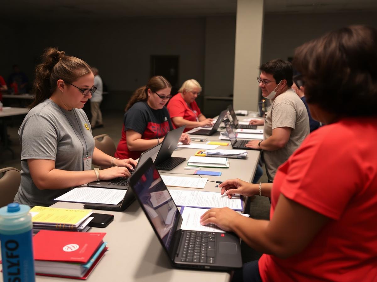 Volunteers registering displaced families at a fire resource center
