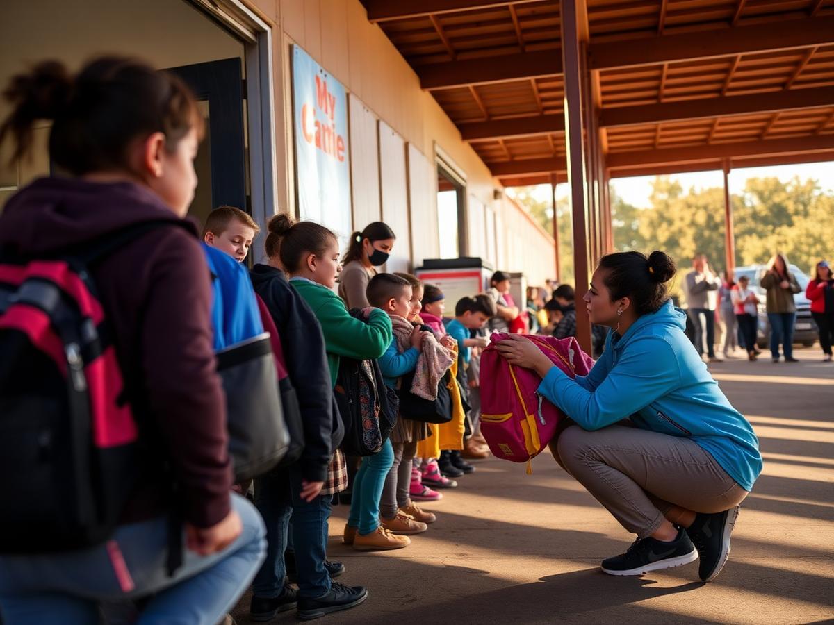 Children receiving backpacks and clothing at a relief distribution