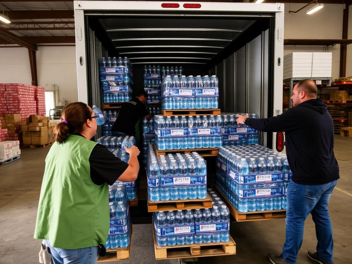 Volunteers loading pallets of water into a box truck