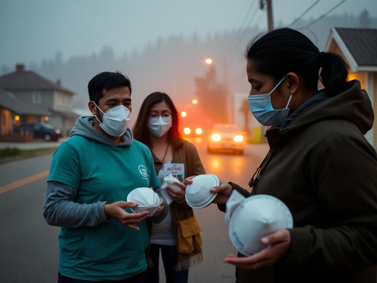 Volunteers distributing N95 masks during heavy wildfire smoke