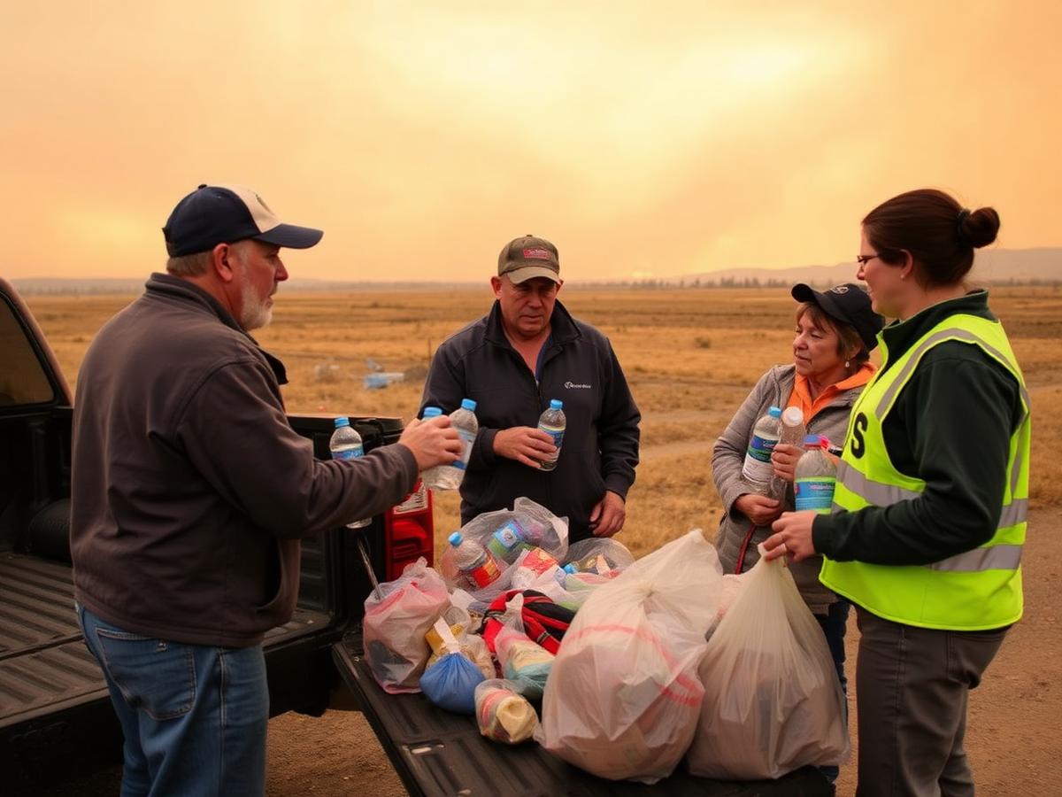Volunteers handing supplies to a family from a pickup truck under smoky skies