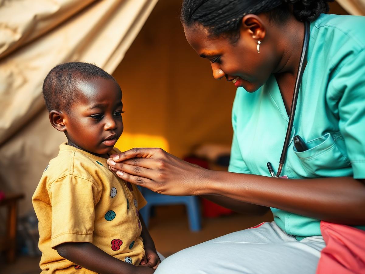 A nurse examining a child at a mobile health clinic