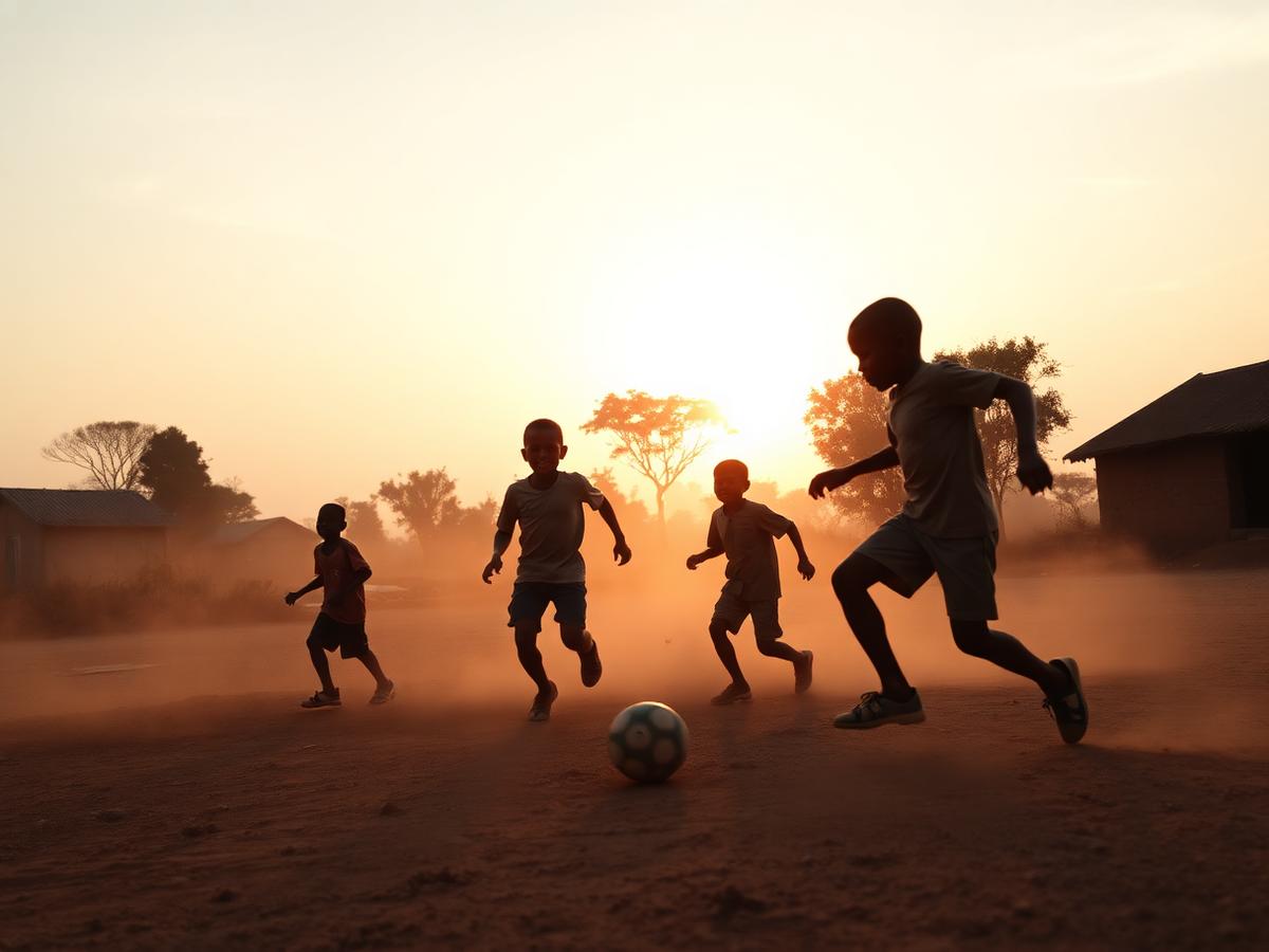 Children playing soccer at sunset in a village field