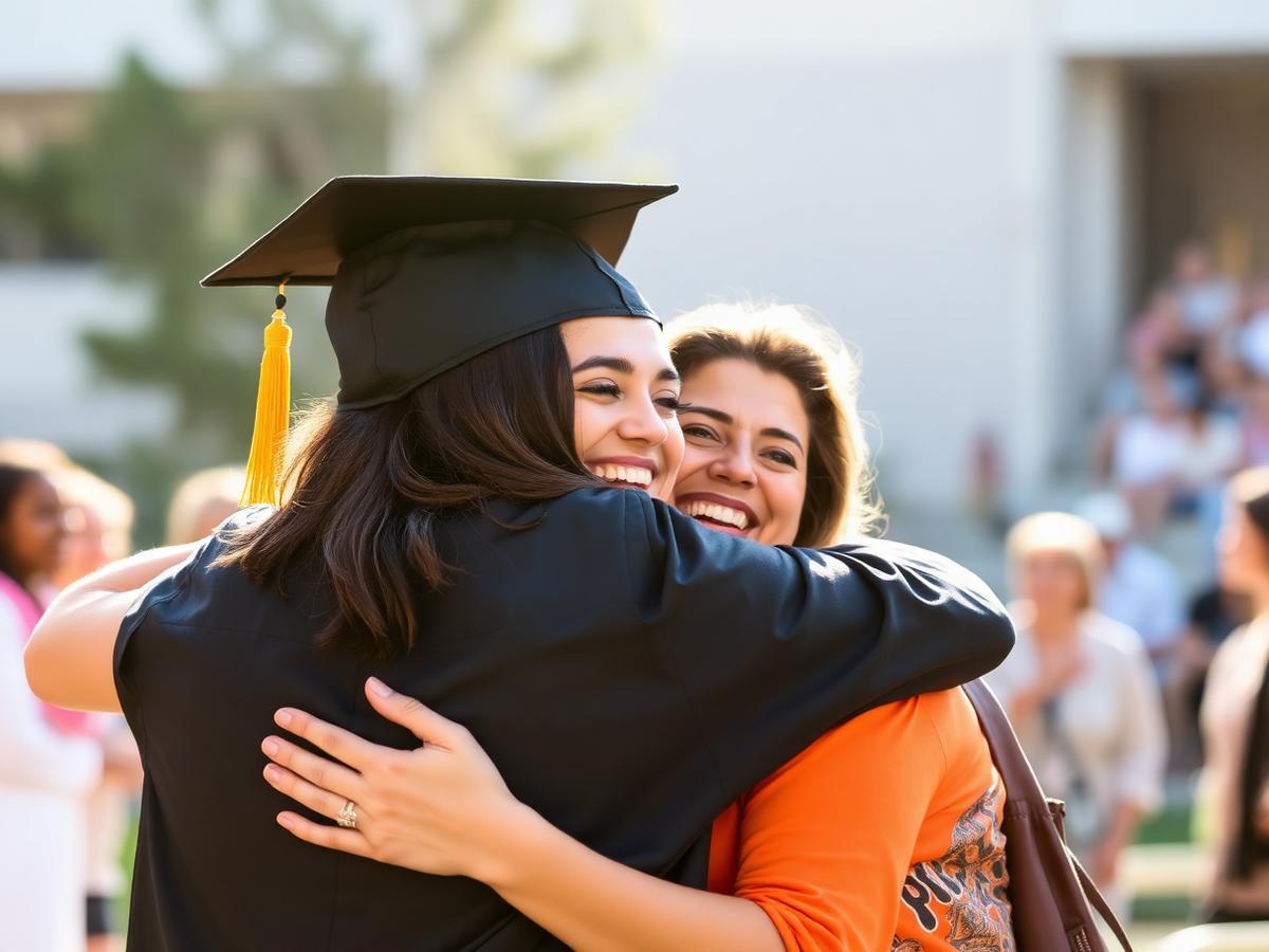 A graduate embracing family at commencement