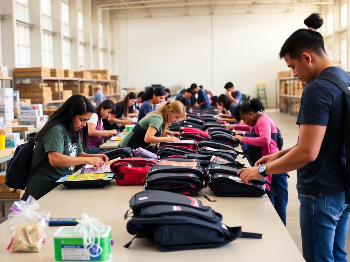 Volunteers packing school supply backpacks