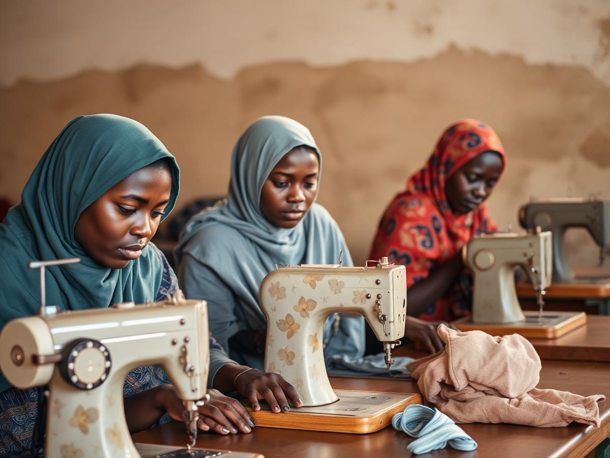 Women learning tailoring in a vocational workshop