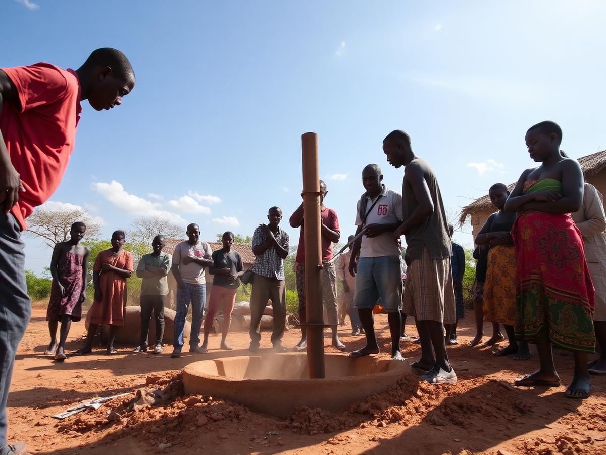 Community members building a village water well