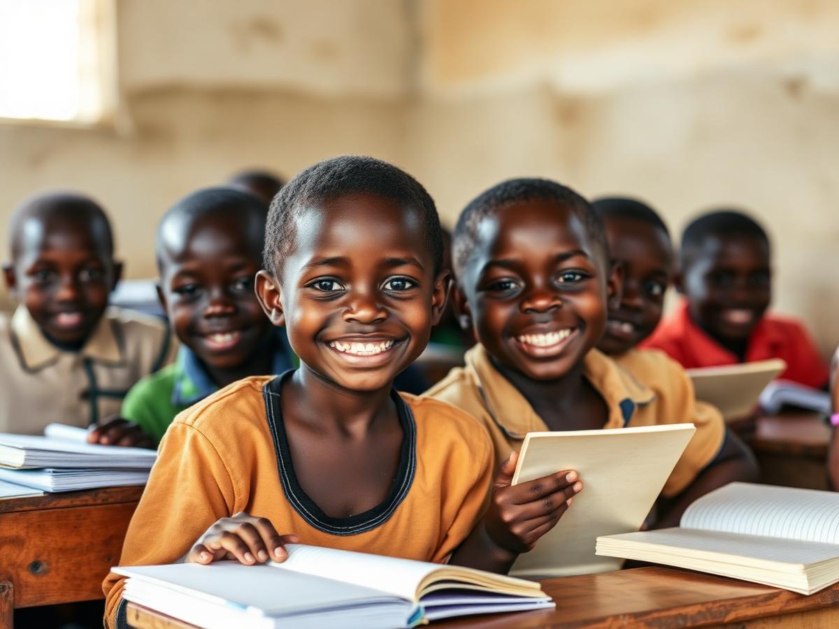 Schoolchildren smiling with notebooks in a classroom